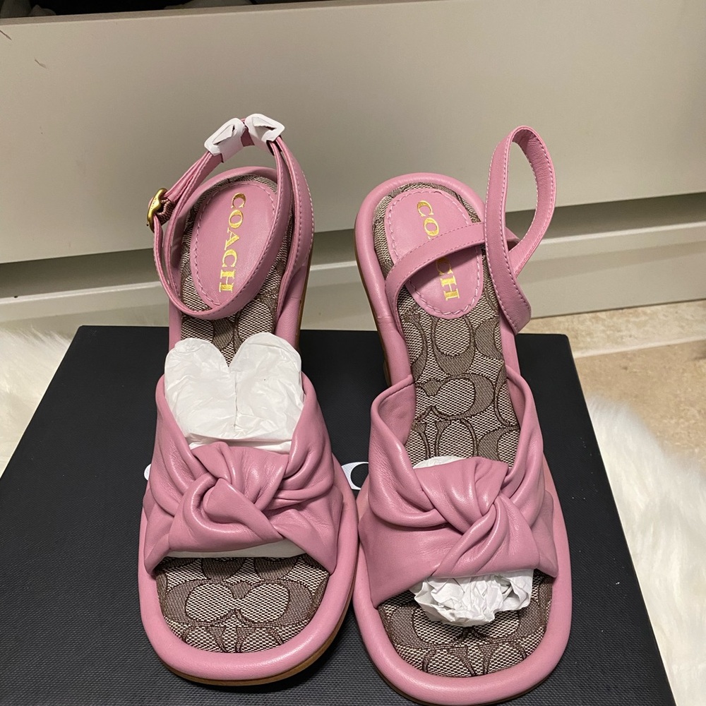 Coach Pink Knotted Ankle-Strap Heels with Logo Insole - Picture 6 of 10